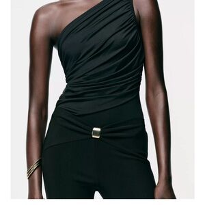 Zara Black One-Shoulder Draped Bodysuit